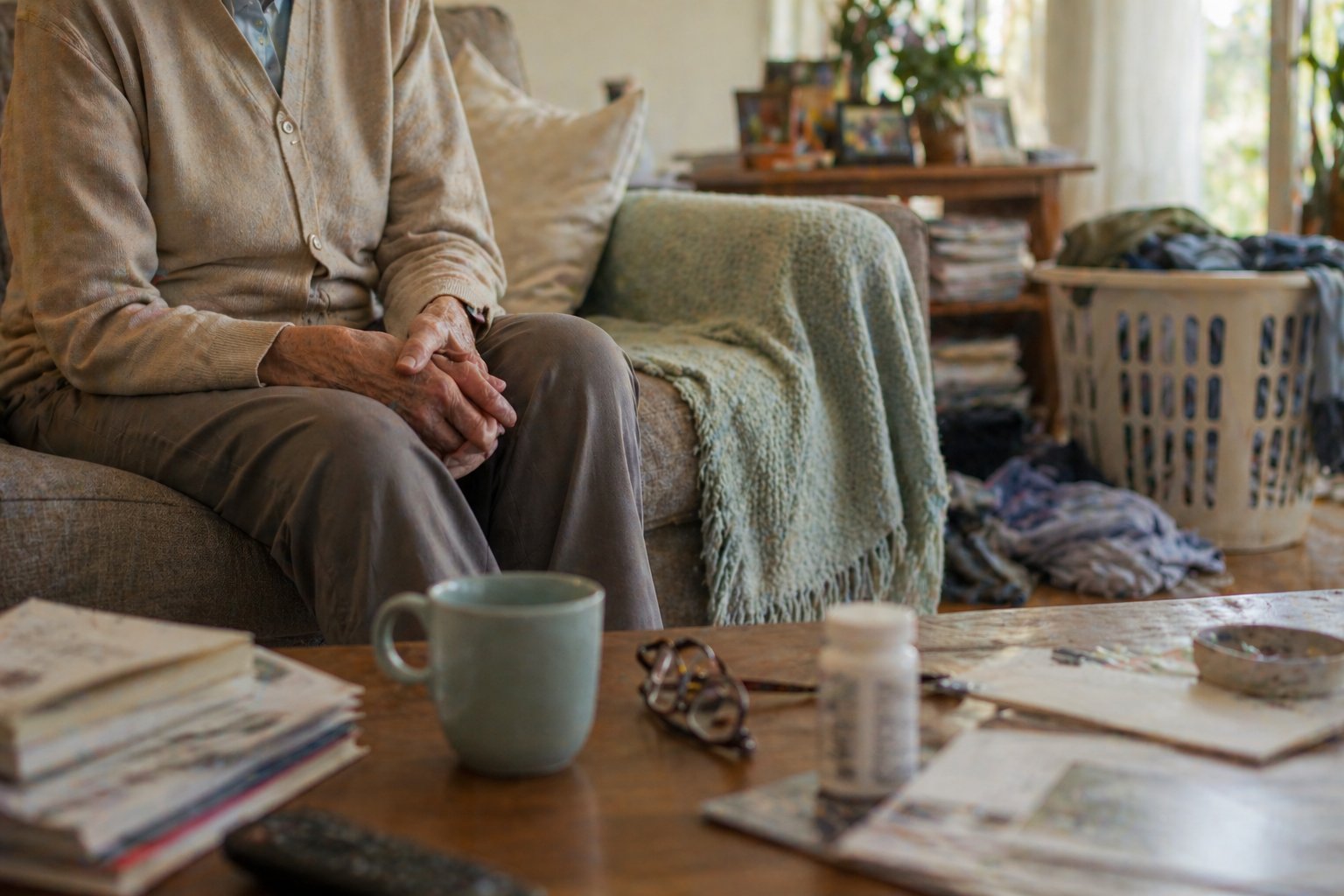Older person sitting at home surrounded by everyday clutter