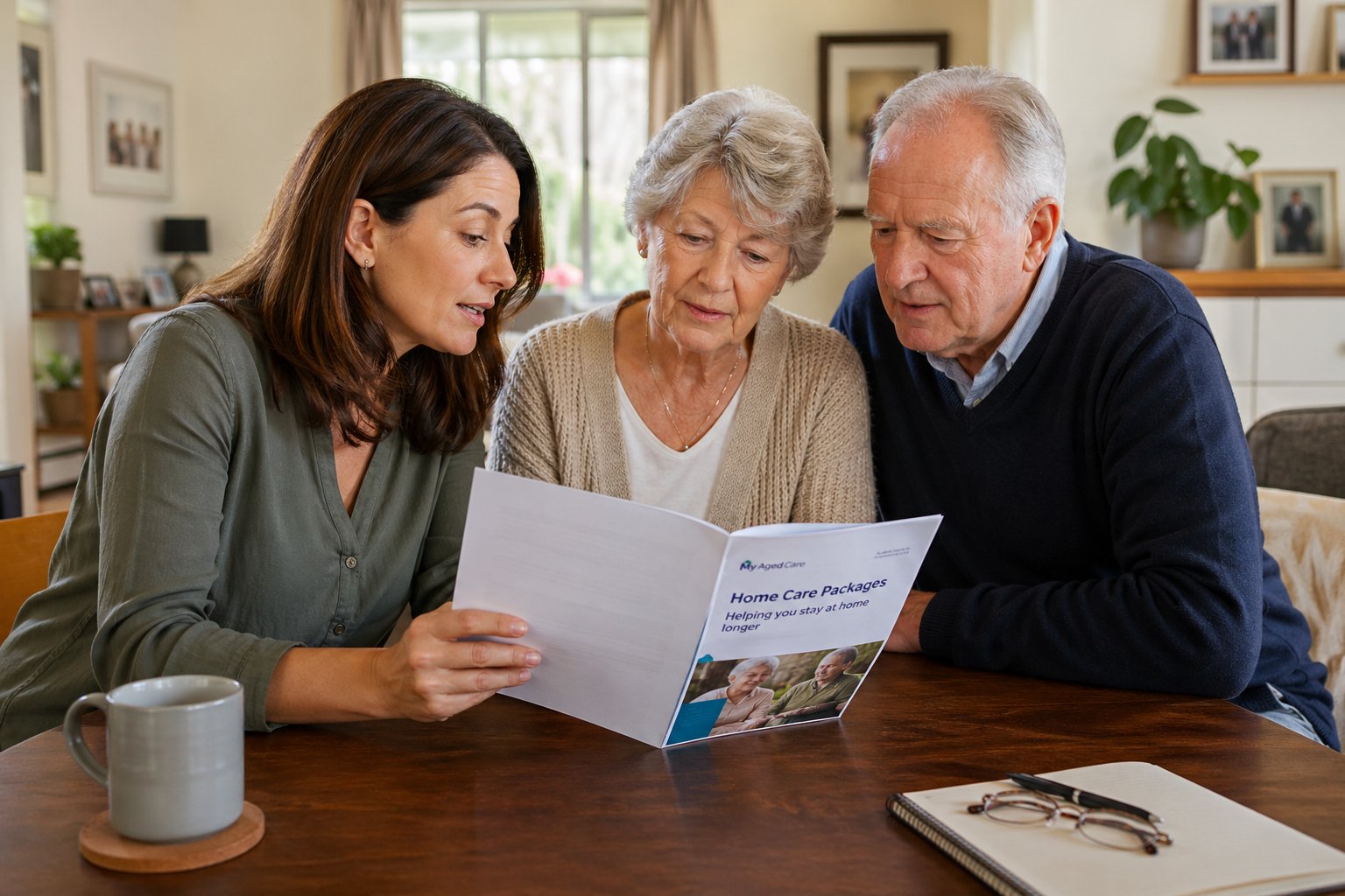 Family reading a Home Care Packages brochure together